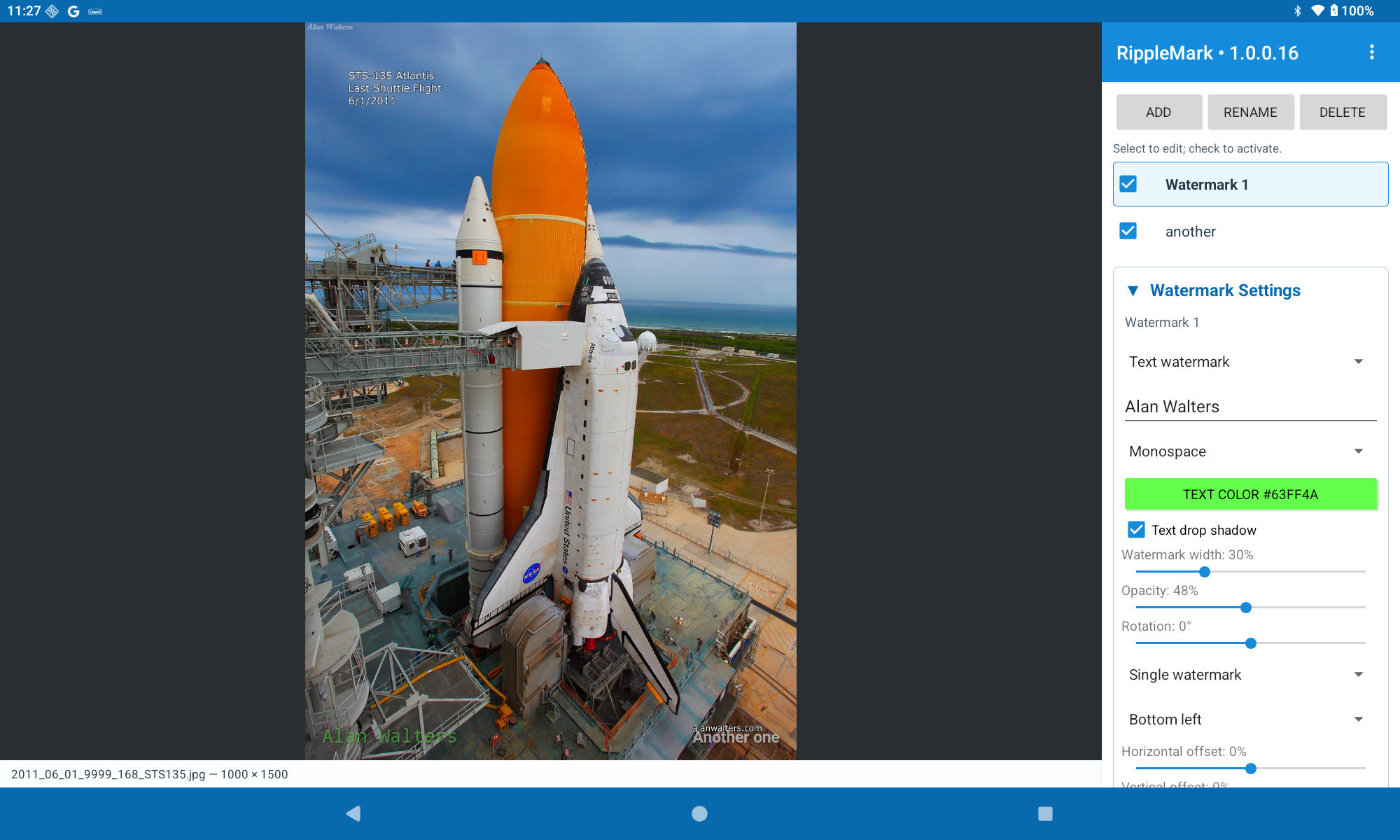 RippleMark on Android with a shuttle photograph and multiple watermark controls
